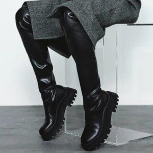 NWOT Zara Black Lugg Sole Over the Knee Boots